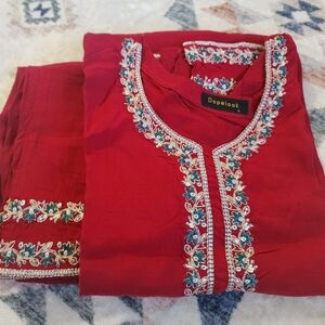 Embroidered Red Coord Set with Teal & Gold Accents Small Size 34 Bust